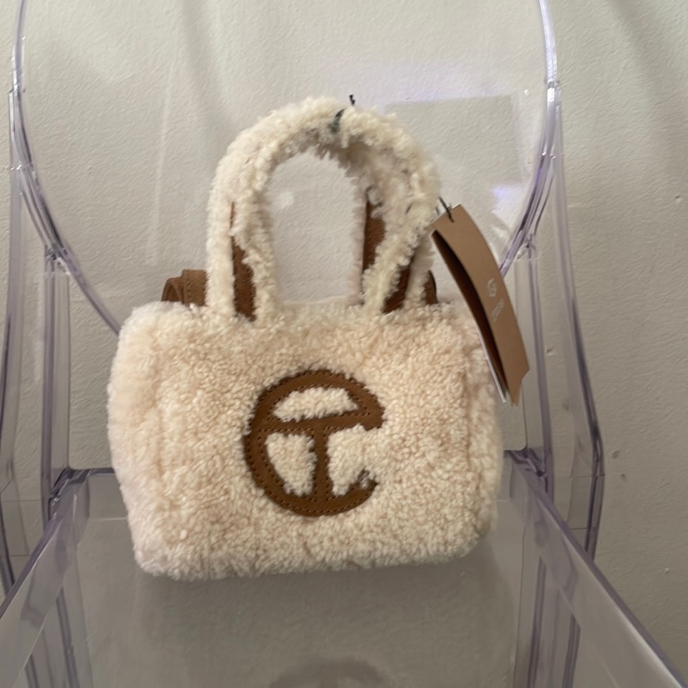 Telfar Cream Sherpa Crossbody Bag with Brown Logo
